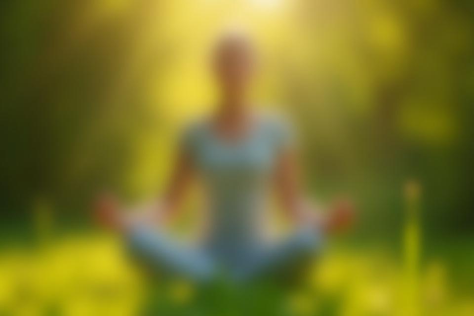 Woman meditating in a serene, natural setting, symbolizing mindful living and stress reduction.