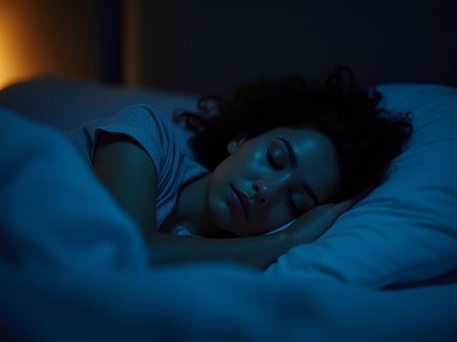 A serene image of an adult sleeping peacefully with a subtle blue light filter over the scene, representing the impact of blue light on sleep quality.